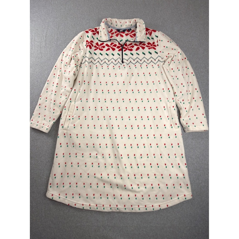 Lands End Fleece Nightgown 2X Ivory Fair Isle Snowflake Quarter Zip Pockets